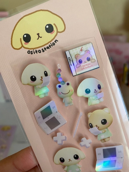 cute pink y2k video game with bear and bunny 3D deco sticker sheet, polco, toploader kpop deco sticker