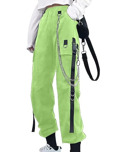 XKBHYD Womens Cargo Pants Y2K Casual Street Style Loose Fit Pants Gothic Rock Pants with Chain - L - Light Green