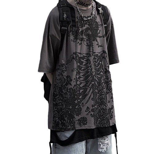 Aobiono Gothic T Shirt Y2K Harajuku Rose Skeleton Print Tops Grunge Punk Dark Academia Anime Clothes Women Men