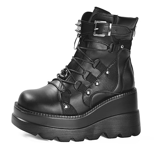 Ritmorro Womens Goth Platform Wedge Heel boots Lace up Gothic Punk Ankle boots Winter Side Zip Black Motorcycle Combat boots for Womens - 4 UK - Black4