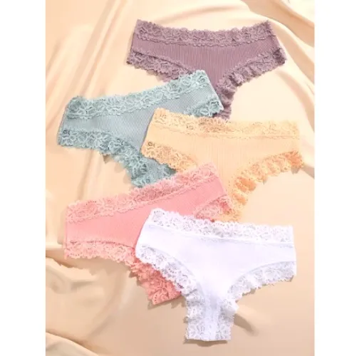 5Pcs/set Women Cotton Panties Floral Lace Intimate Underwear Trendy Patchwork Lace Briefs Female Soft