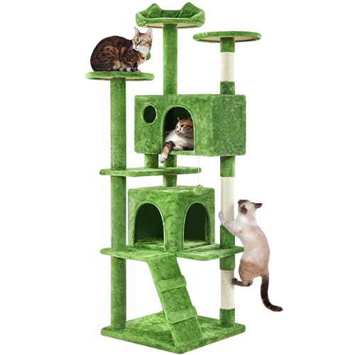 Yaheetech 70in Multi-Level Cat Tree Tall Cat Tower Cat Furniture with Condo, Scratching Posts & Dangling Ball for Indoor Cats Activity Center, Green - Green - 70in