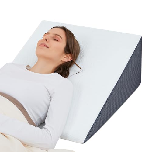 Touchutopia Bed Wedge Pillow for Sleeping, 8" 24" 24" Triangle Pillow Wedge, Cooling Memory Foam Top, Elevated Support Wedge Pillow - Removable Washable Cover - Gray and White Wedge Cover - 24*24*8 Inch