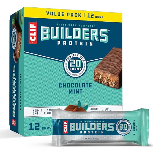 CLIF Builders - Chocolate Mint Flavor - Plant Based Protein Bars - Gluten Free - Non-GMO - Low Glycemic - 20g Protein - 2.4 oz. (12 Pack)