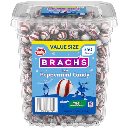 Brach's Bobs Sweet Stripes Soft Peppermint Candy, Individually Wrapped Pieces, 3.9 lb Tub (350 Count) - Peppermint - 350 Count