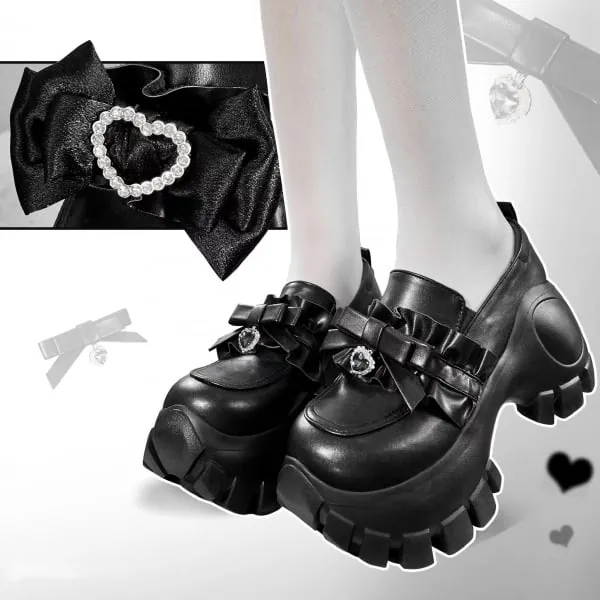 [$53.11]Jirai Kei Bow at Top Matte Black Chunky Heels Platforms