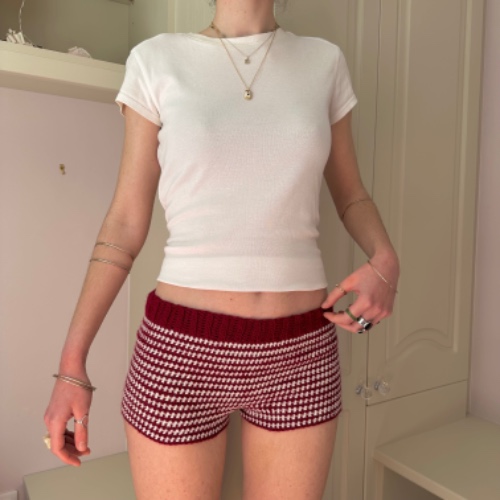 Handmade cream and burgundy striped crochet shorts | S