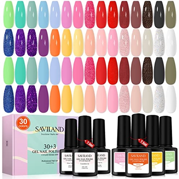 Saviland Gel Nail Polish Set - 33pcs Gel Polish Nail Set Nail Art Starter French Manicure Kit with Base Nail Coat, No Wipe Glossy & Matte Gel Top Coat Beauty Gift for Girls