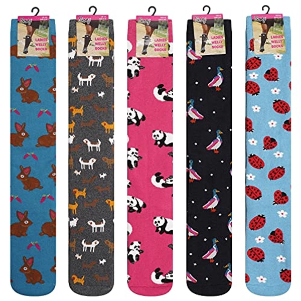 Soxy Ladies Design Wellington Boot Socks - 5 Pack - Women's Cotton Rich Breathable Welly Socks - Festival Walking Hiking Thermal Socks - Assorted Patterns - Animal Designs - UK Shoe Size 4-6