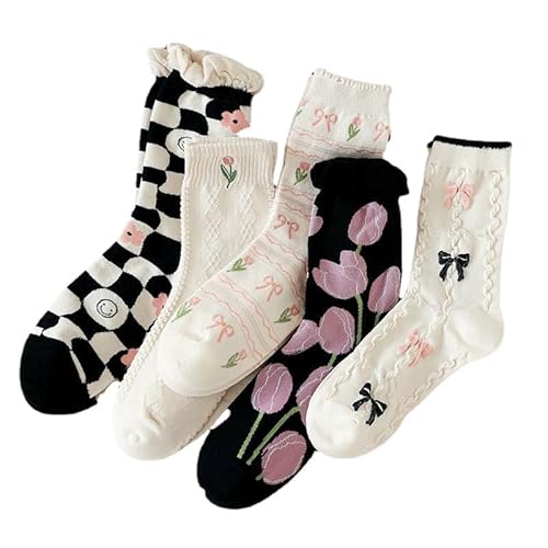 Tooe Women's Cottagecore Flower Socks 5Pairs Kawaii Preppy Crew Socks Cute Lace Ankle Socking Coquette Casual Socks - One Size - Black