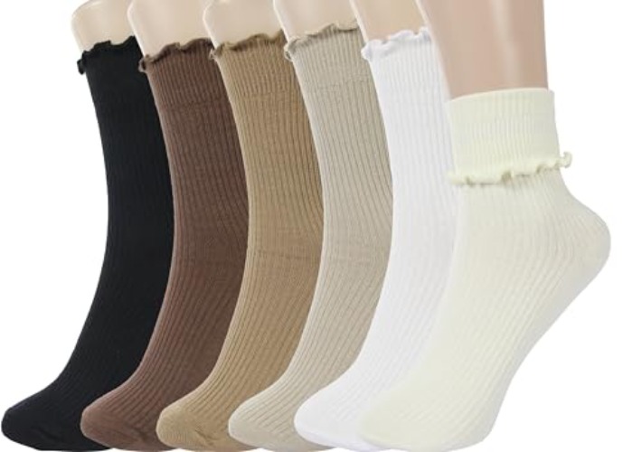 BomKinta Ruffle Socks Women - Turn-Cuff Frilly Sock - Lightweight Cotton Socks - 5-10 - Black Coffee Cream Khaki Brown White