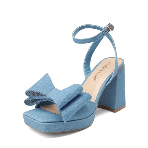 DREAM PAIRS Women's Platform Chunky Heels Fashion Bowknots High Block Square Toe Dress Sandals for Wedding Bridal Party - 6.5 - Denim Blue