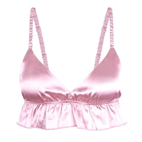 Satini Sissy Frilly Ruffled Fitted Silky Satin Lingerie Bralette - Medium - Baby Pink