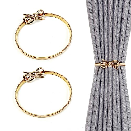 Curtain Hold Backs for Curtains Shiny Metal Curtain Tiebacks Engraving Design Curtain Buckle Set of 2 Window Curtain Holdbacks Elegant Gold Holders for Home and Office Window Decoration (Gold Bow) - Gold Bow