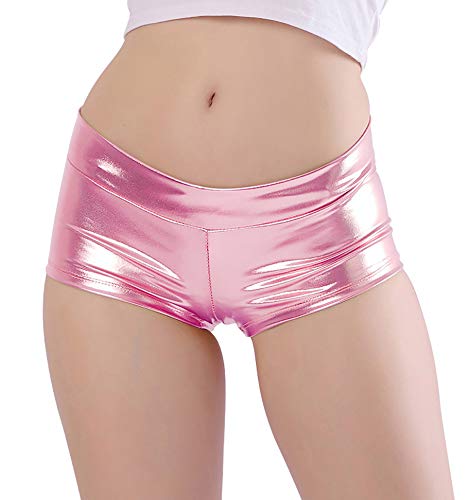 Kepblom Women's Shiny Metallic Rave Booty Shorts Hot Pants Dance Bottom - Small - Pink