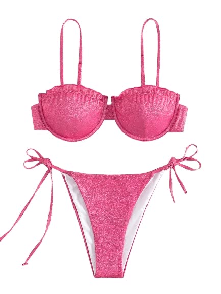 OYOANGLE Women's 2 Pieces Spaghetti Strap Bikini Set Swimsuit Tie Side Triangle Bikini Swimwear - Medium Pink