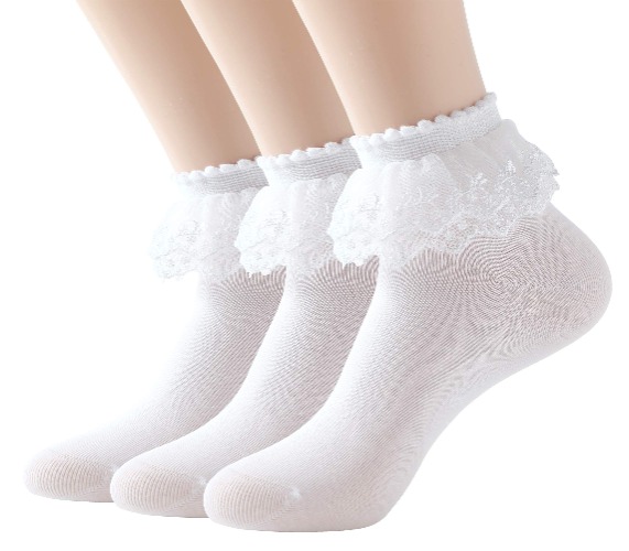 SRYL Women Ankle Socks,Lace Ruffle Frilly Cotton Socks Trim Double Layer Lace,Princess Socks Dress Socks H08 - 3 Pairs - White