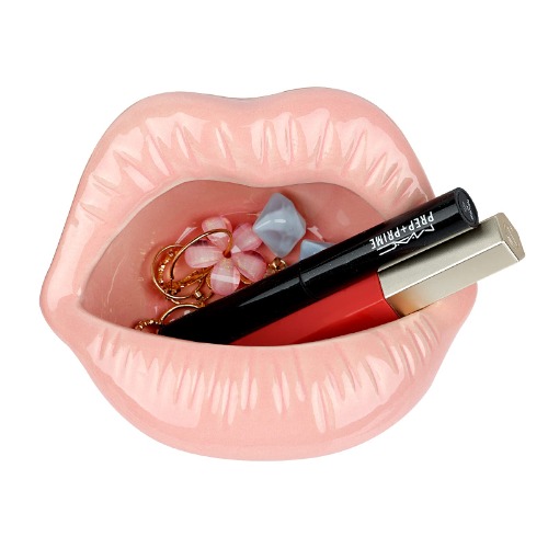 Trycooling Ceramic Red Lips Lipstick Ring Holder Jewelry Tray Rack Decorative Cosmetic Storage Display Holder Desktop Hairpin Storage Case Birthday Gift (Pink)