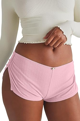 FaroDor Cute Micro Pajamas Shorts for Women Low Rise Side Slit Ruched Lounge Shorts Pj Bottoms - Pink - Small