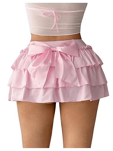 Milumia Women's Y2K Bow Kont Elastic Waist Layered Ruffle Hem Mini Skirts - Small - Pink