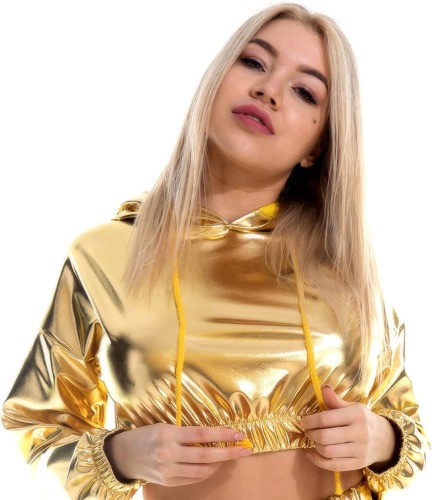 IMEKIS Women's Shiny Crop Top Hoodie Metallic Rave Casual Long Sleeve Hooded Pullover Workout Sweatshirt Disco Dance Clubwear