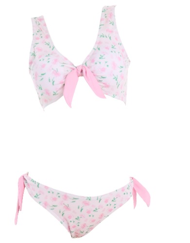 haikyuu Women Bikini Set Floral Print Knot Adjustable Bikini Sets Two Piece Tie Knot Bathing Suits - Medium Pink