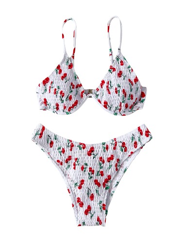 SHENHE Women's Two Piece Cherry Print High Cut Underwire Triangle Bikini Swimsuit - Small White