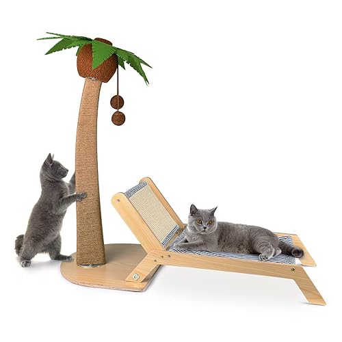 Lechansen Cat Scratching Post with Lounge Chair 2 in 1, 29.5 Inch Tall Palm Tree Cat Scratching Post for Indoor Cats, Sisal Rope Scratching Posts with Beach Chair for Cat Kitten Play and Rest - Scratching Post with Lounge