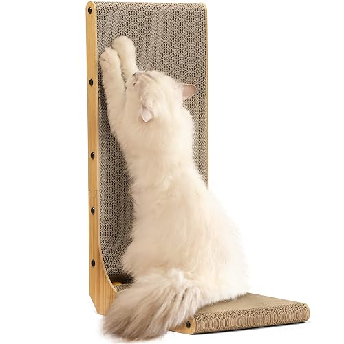 FUKUMARU Cat Scratcher, 26.8 Inch L Shape Cat Scratch Pad Wall Mounted, Cat Scratching Cardboard with Ball Toy for Indoor Cats, Large Size - Large