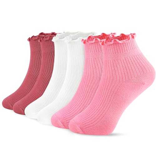Fandecie 8 Pairs Frilly Socks Women,Ruffle Socks for Girl Women,Solid Color Lettuce Edge Comfort Breathable One Size 5-9 - 5-9 - 2pink+2white+2red