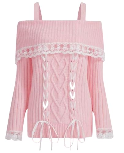 Women Off Shoulder Top Y2K Long Sleeve Lace Trim Knit Shirt Fashion Cute Solid Pullover Sweater - Small - F-tie Up Pink Sweater Top