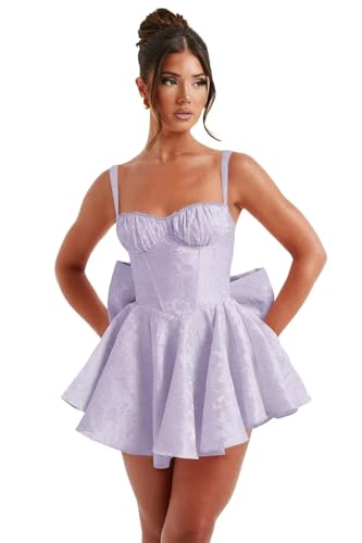 Stanjiehu Satin Applique Homecoming Dresses for Teens Short Prom Dress Corset Cocktail Evening Party Party Gown with Bow - Lavender - 6