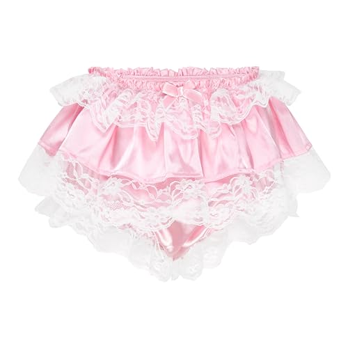 Satini Frilly Lace Sissy Ruffled French Knickers Briefs Lingerie Silky Satin Underwear Panties - Medium - Baby Pink