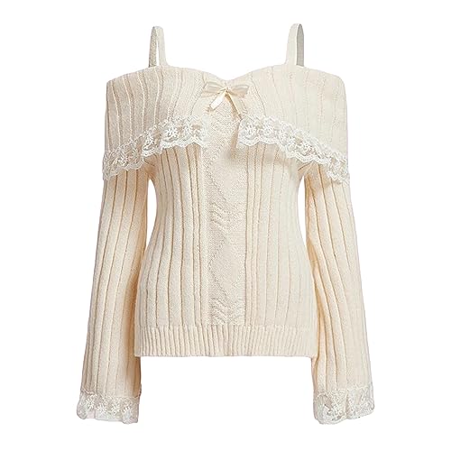 Women Off Shoulder Top Y2K Long Sleeve Lace Trim Knit Shirt Fashion Cute Solid Pullover Sweater - Small - B-off White Shirt