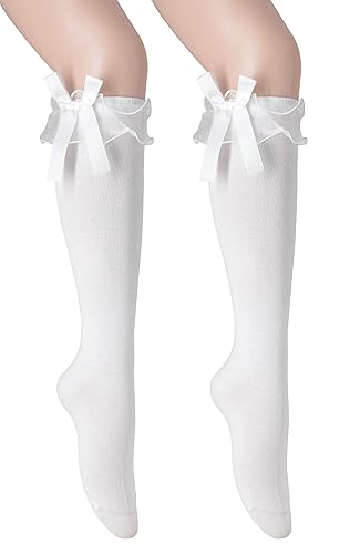 SRYL Women Girl's Cotton Knee High Socks with Lace Ruffle Trim Socks, Calf Socks Bow Style… - 5-9 - 2 Pairs-white