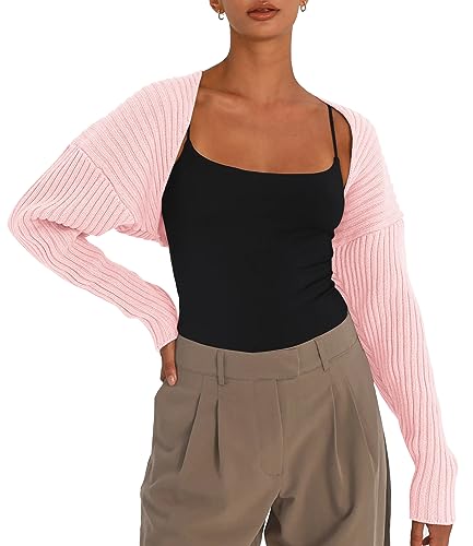 LILLUSORY Womens Crop Cardigans Sweater Bolero Shrug Y2K Cute Tops Fall Fashion Trendy Long Sleeve Outfit Clothes - Medium - Baby Pink