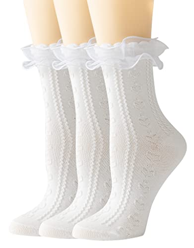SEMOHOLLI Women Ruffle Socks for mid-calf, Lace Ruffle Frilly Comfortable Cotton Socks Princess Socks - 5-8 - 3 Pairs-white