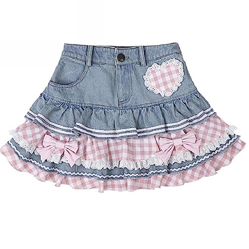 Preppy Lolita Kawaii Skirts Sweet Mini Women Cute Ball Gown Denim Skirt Y2K High Waist Lace Cake Skirts - Medium - Blue