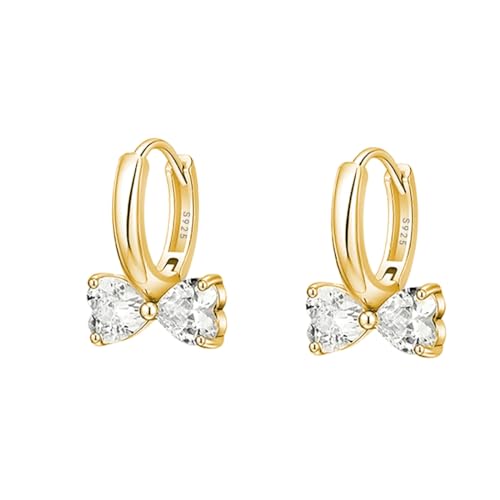 SLUYNZ Sterling Silver Bow Small Hoop Earrings for Women Teens CZ Bow Hoop Earrings Huggie - B-Gold