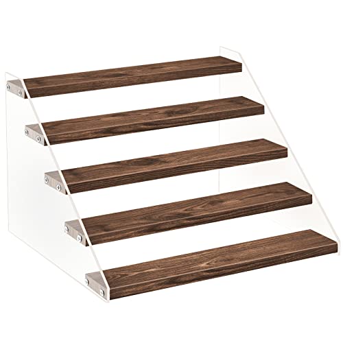 DILIBRA 5 Tier Wood Display Stand for Pop Figures, Clear Acrylic Display Riser Shelf for Vendors Amiibo Funko Cupcakes Perfumes Candies Cosmetics Decoration and Organizer - 1 Pack Dark Brown