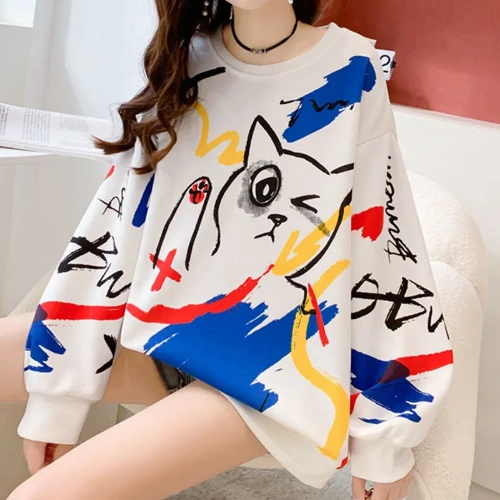 Graffiti Kiity Print Loose Round Collar Sweatshirt