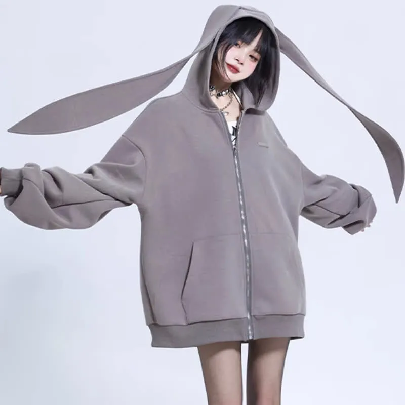 Long Bunny Ears Pocket Oversize Zipper Hooded Sweatshirt  