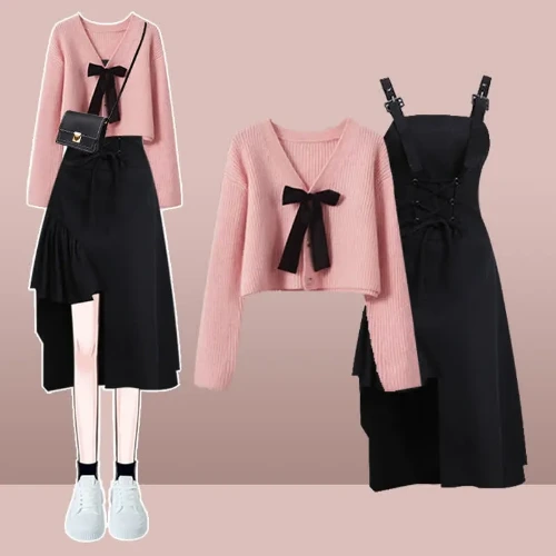 Bow Knot Knit Cardigan Sweater Irregular Lace Up Suspender Dress