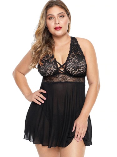 Plus Size Women's seductive Sling Pajamas Nightdress - 5XL / Black