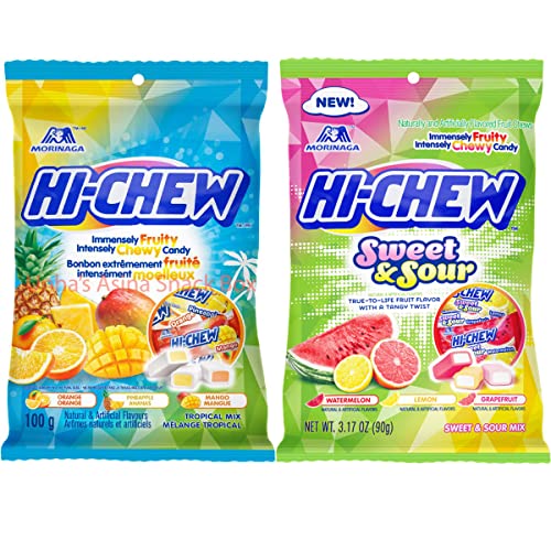Hi Chew Candy 2 Different Flavors, Fantasy Mix and Berry Mix Fruity Chewy Japanese Candy Variety Pack of 2 (Tropical & Sour Mix) - Tropical & Sour Mix