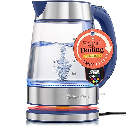 Speed-Boil Water Electric Kettle, 1.7L 1500W, Coffee & Tea Kettle Borosilicate Glass, Wide Opening, Auto Shut-Off, Cool Touch Handle, LED Light. 360° Rotation, Boil Dry Protection - Blue