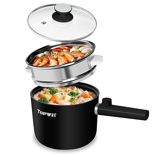 Topwit Hot Pot Electric with Steamer, 1.5L Ramen Cooker, Non-Stick Frying Pan, Electric Pot for Pasta, BPA Free, Electric Cooker with Dual Power Control, Over-Heating & Boil Dry Protection, Black - 1.6 Quarts - Black 1