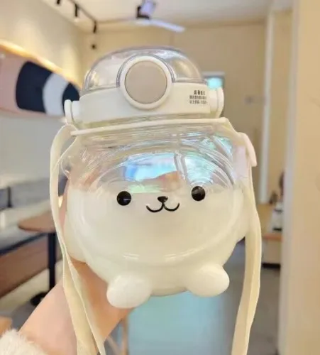 Cute Round Bear Plastic Bottle with Straw Portable Strap 