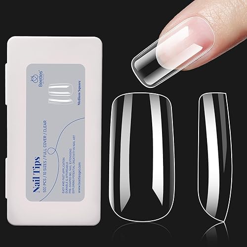 Medium Square Nail Tips, 500Pcs Beetles Gel X Nail Kit Medium Square Pre Shaped Clear Full Cover False Nails for Gel Art Polish Soak Off Lamp Nail Extensions Acrylic Press on Nail Tips - Medium Square 500PCS(Clear)