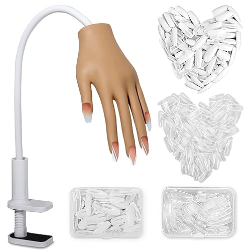 Practice Hand for Acrylic Nails- Silicone Nail Hand Practice Upgrade Nail Tips Never Fall Off, Fake Nail Manican Hand for Nail Practice, Flexible Practice Maniquin Hand with 200PCS Nail Tips - 1 Fake hand with 200pcs nail tips